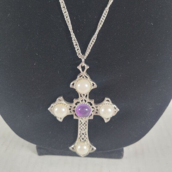 Vintage Sarah Coventry Religious Modest Silver Pearl Cross Chain 24" Necklace - Picture 1 of 5